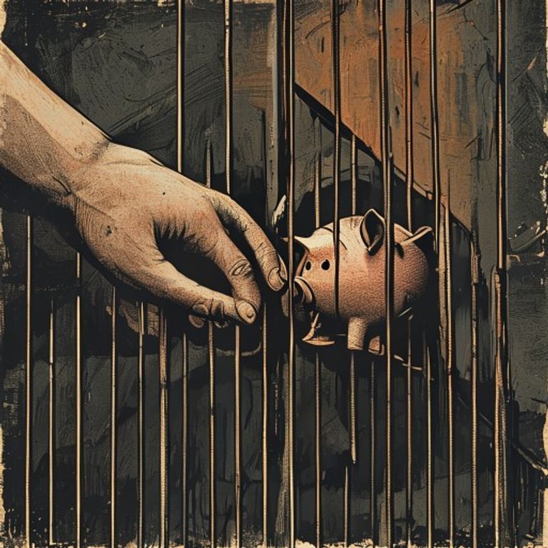 一隻手伸進撲滿卻被鐵柵欄擋住,撲滿上寫著美元存款