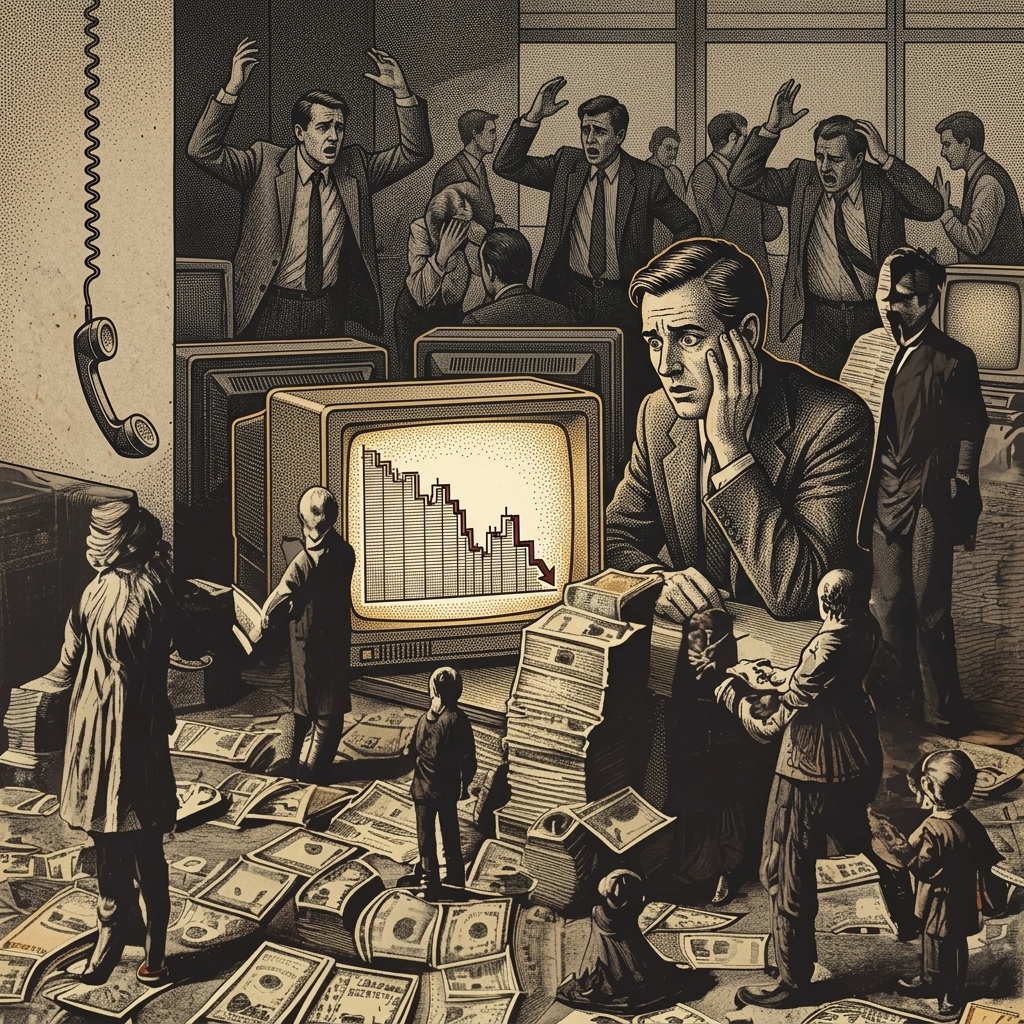 1980 年代金融終端螢幕上不斷向下延伸的階梯狀線條,交易員站起身無人接聽的電話懸在半空