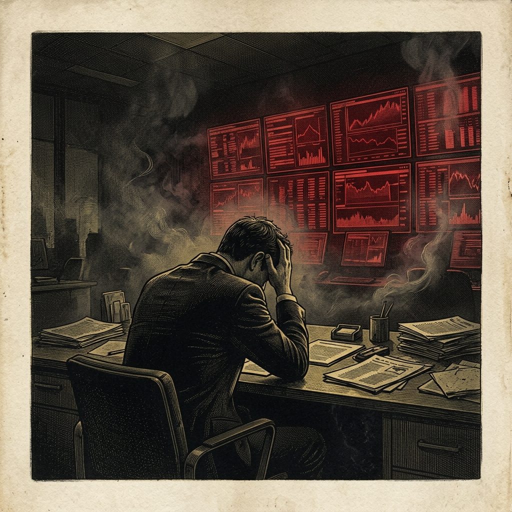昏暗的交易室,滿牆紅色螢幕,一個交易員抱頭癱坐