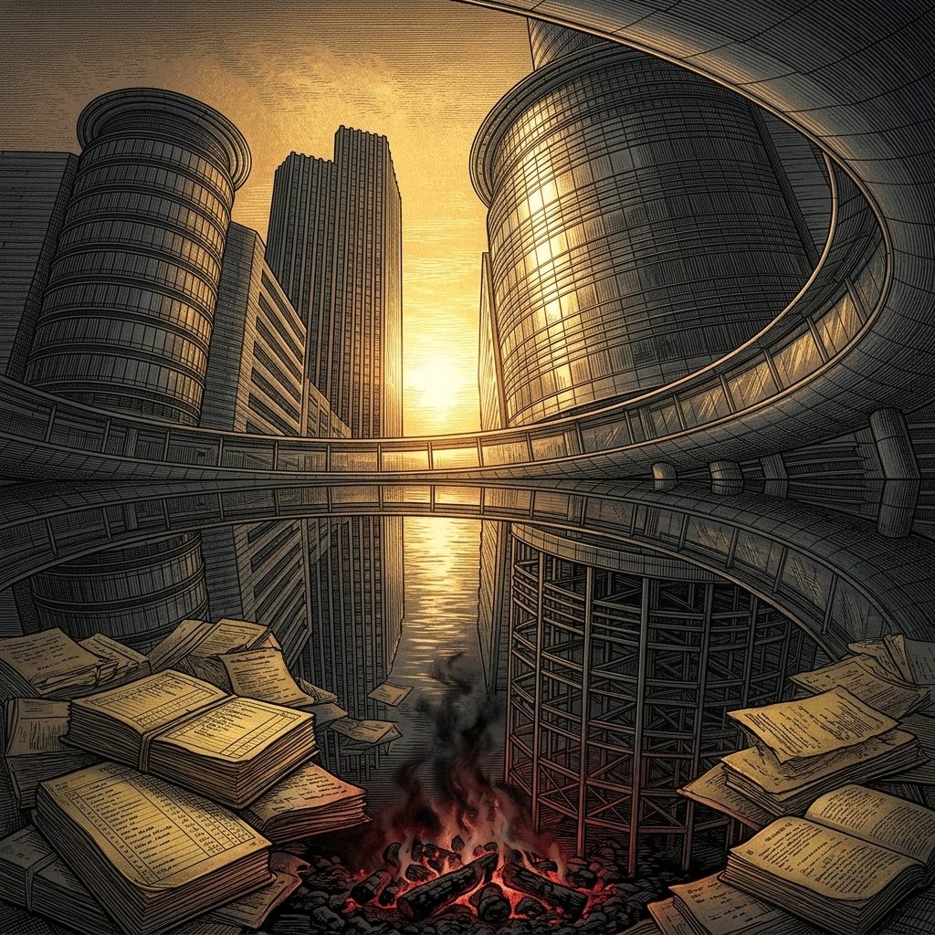 恩隆:閃亮的玻璃帷幕大樓,中空地基由悶燒的帳本堆成
