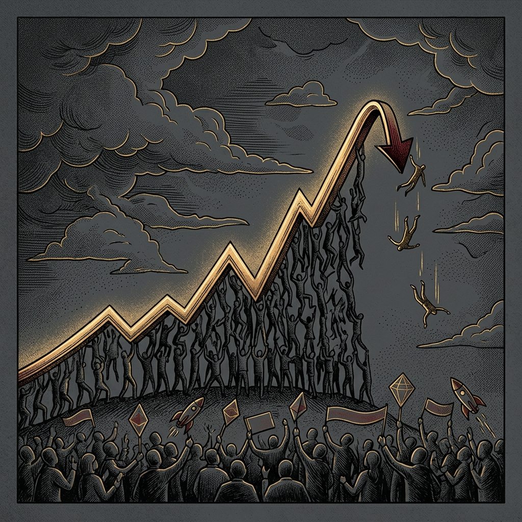 無數小人物舉著鑽石與火箭標語把股價曲線抬上雲霄,後排有人從高點墜落