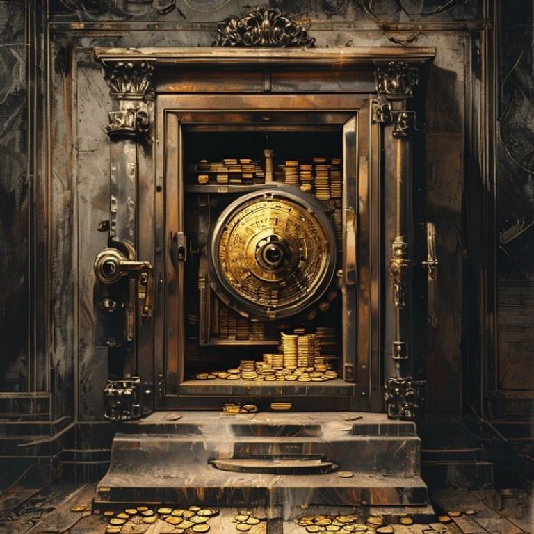 一個刻著『SAFE 安全』、看似堅不可摧的保險箱,門卻是虛掩的,裡面的金幣已被悄悄抽走大半
