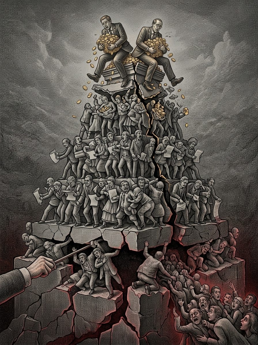 一座金字塔,頂端是少數人領走的金幣股利,底層是源源不絕被吸進來的新投資人,抽走最底層、整座金字塔瞬間崩塌