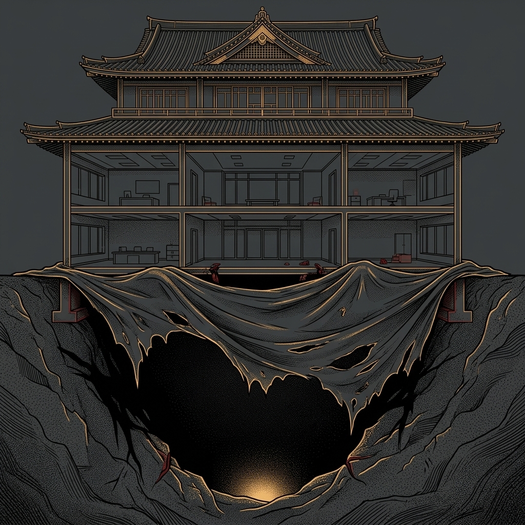 一棟精緻日式企業大樓,地板下藏著被布蓋住、越來越大的黑色窟窿