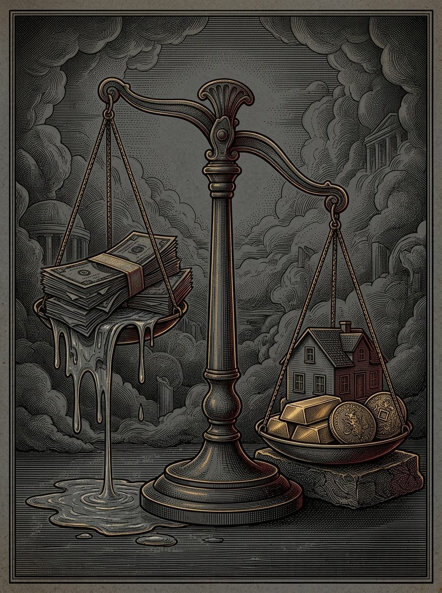 一個天秤,一端是一疊正在融化的鈔票,另一端是穩穩的房子、金條與外幣